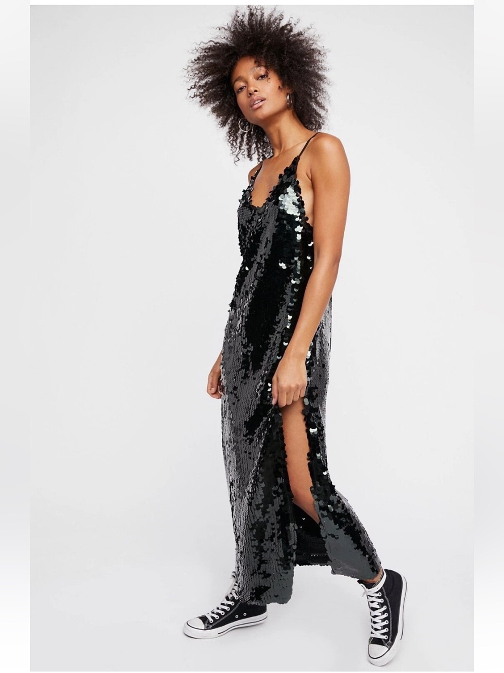 Free People Paillette Party Sequin Midi Slip Dress Black Small NWOT